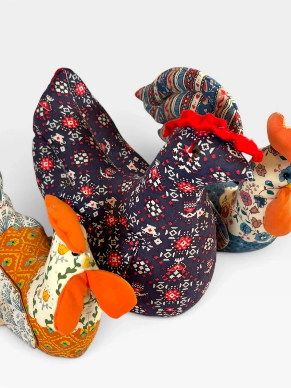 Vintage Quilted Fabric Chicken Rooster Family Set Of 3 Hen Pockets Farmhouse